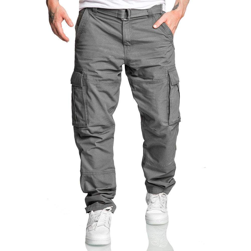 Mörkgråa chinobyxor med cargofickor framifrån