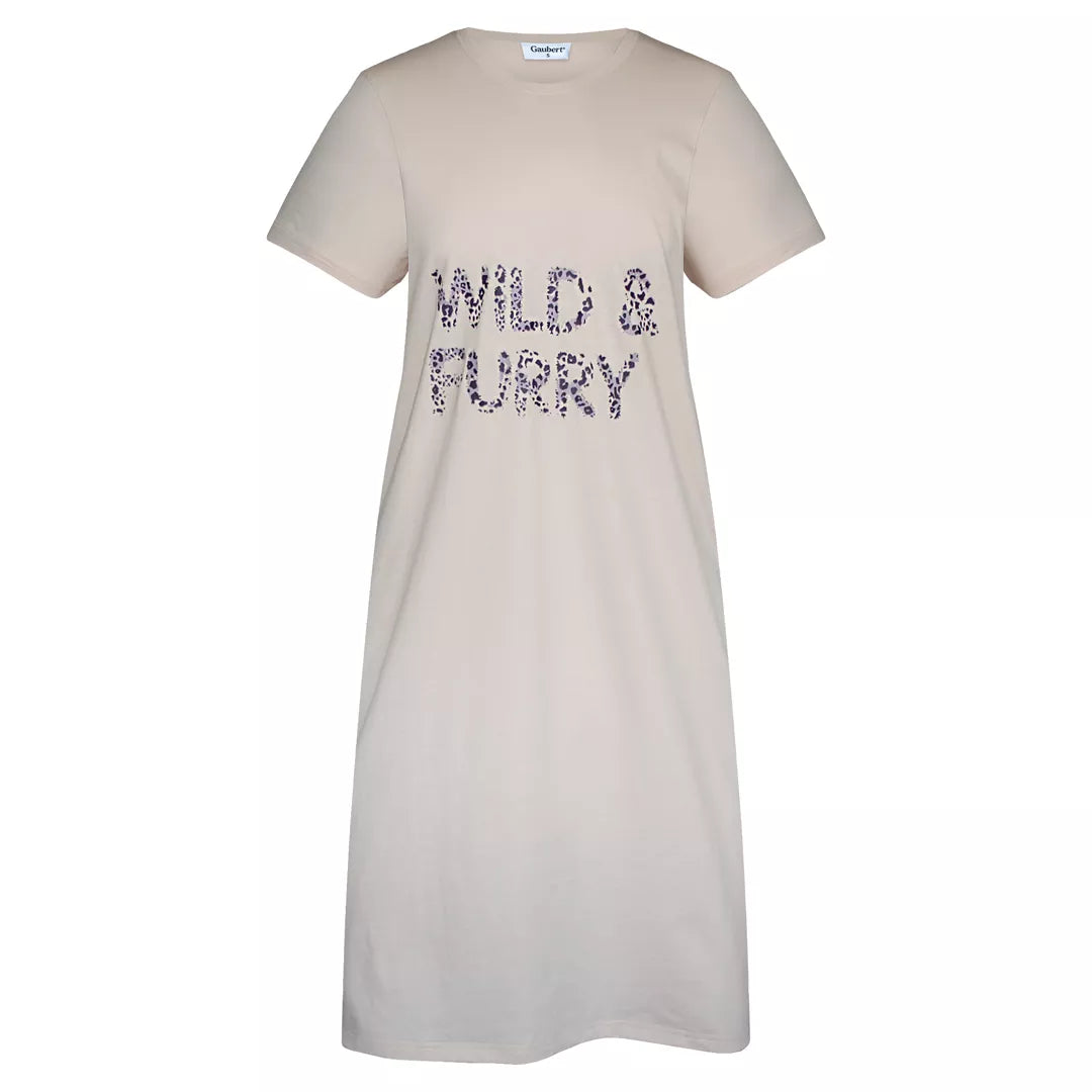 Beige kortärmat nattlinne dam i 100% bomull med Wild & Furry-tryck från Gaubert