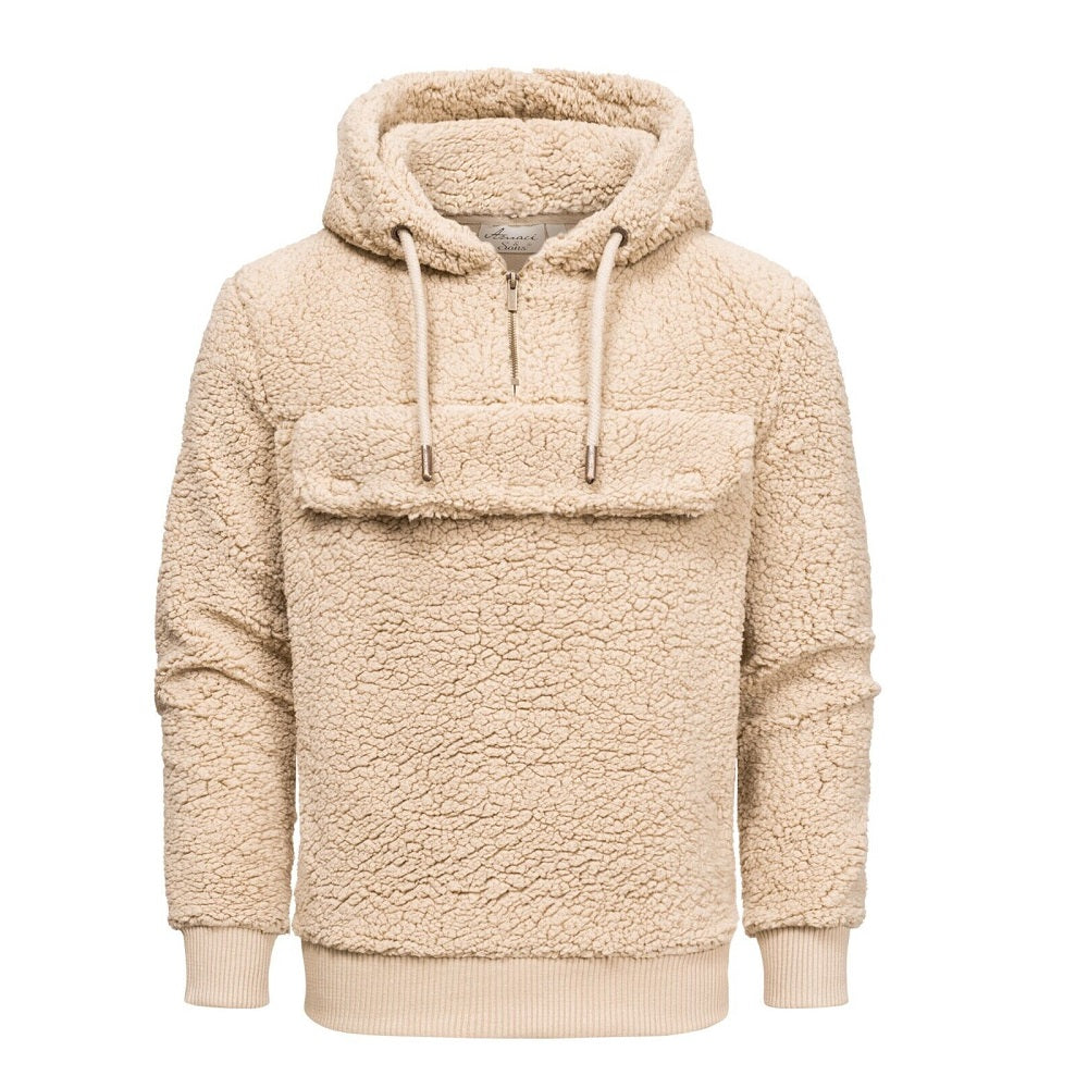 Beige Fleecetröja med luva och magficka - Herrtröja