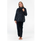 Svart fleece set dam med leopardmönstrad tröja och mjuka byxor