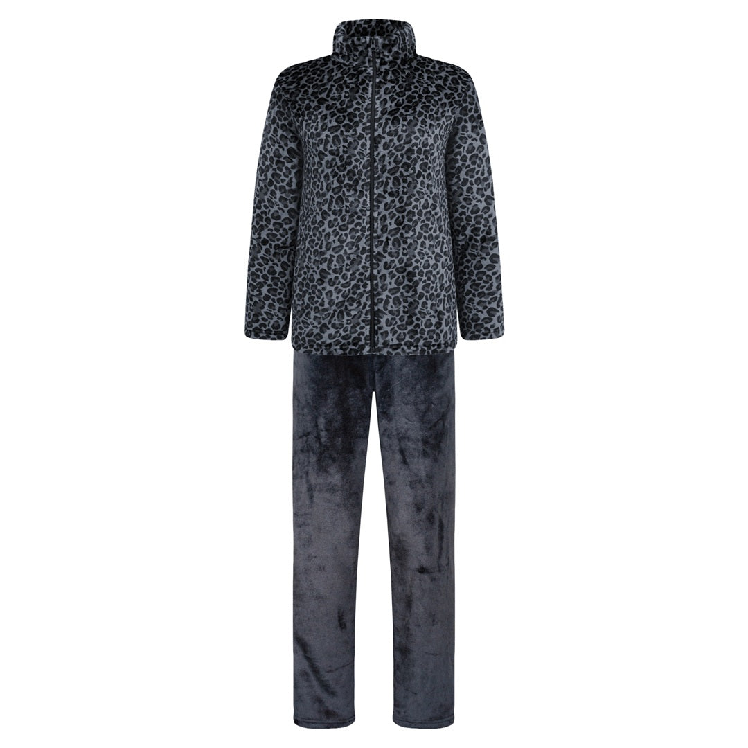 Svart leopardmönstrat fleece set dam med tröja och fleecebyxor