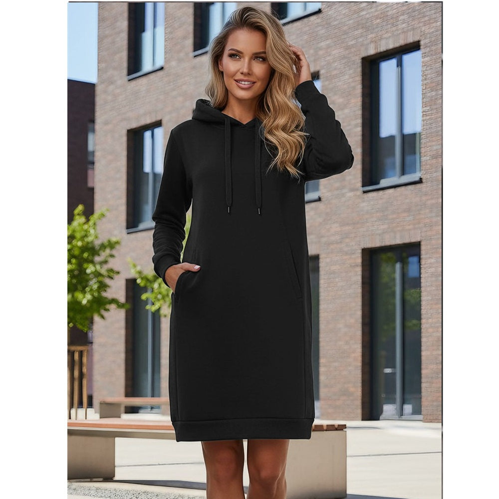 Dam Hoodie - Svart extra lång damtröja med luva framifrån