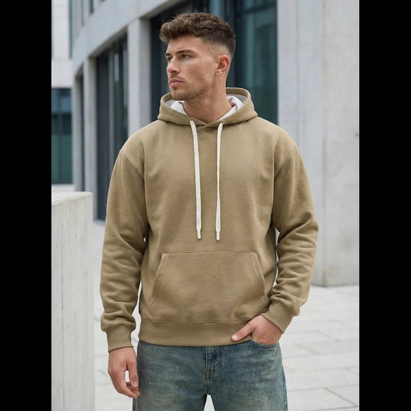 Tunn hoodie herr beige med luva och ficka