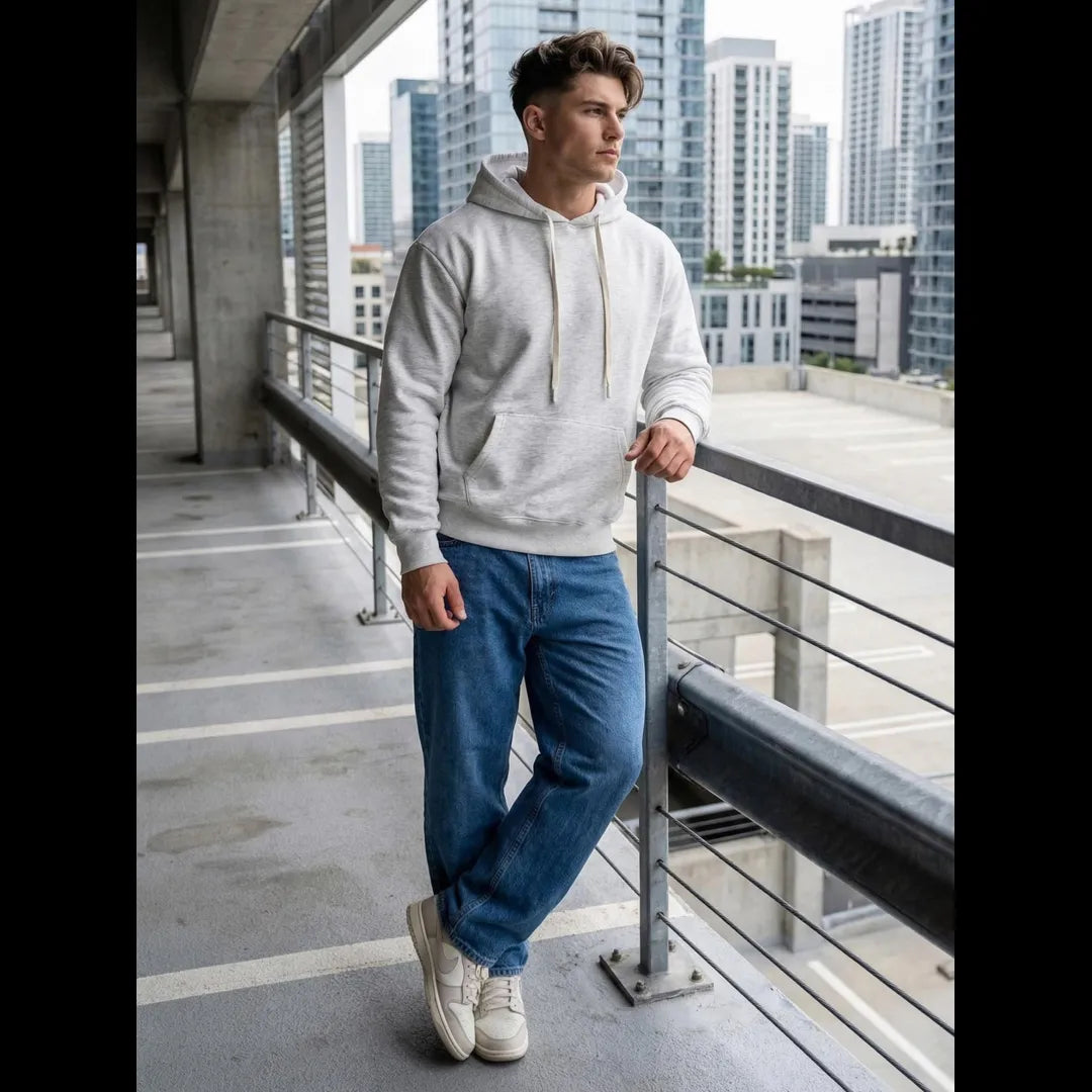Hoodie herr ljusgrå helkropp med jeans och sneakers