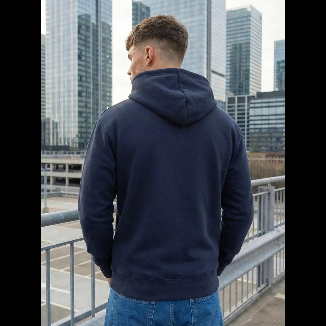 Hoodie herr mörkblå bakifrån med huva