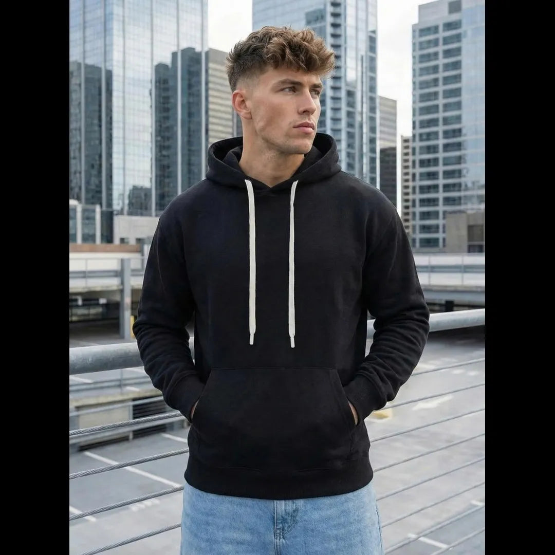Tunn hoodie herr svart med luva och ficka