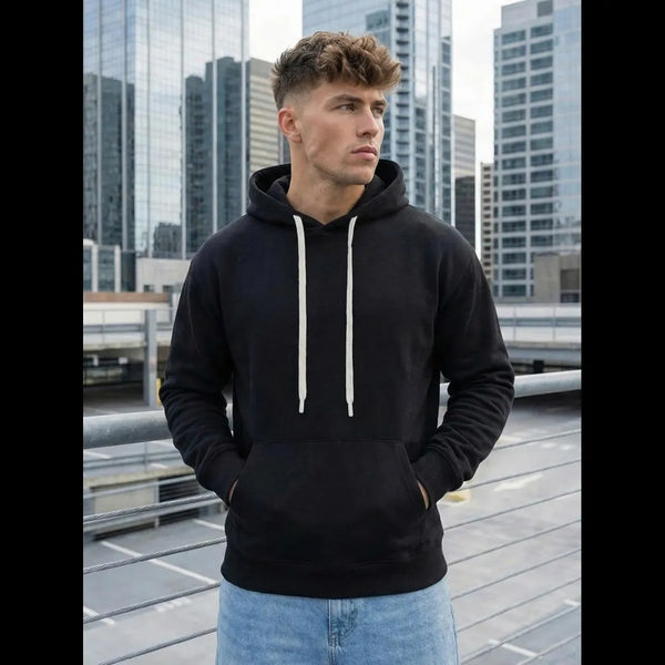 Tunn hoodie herr svart med luva och ficka