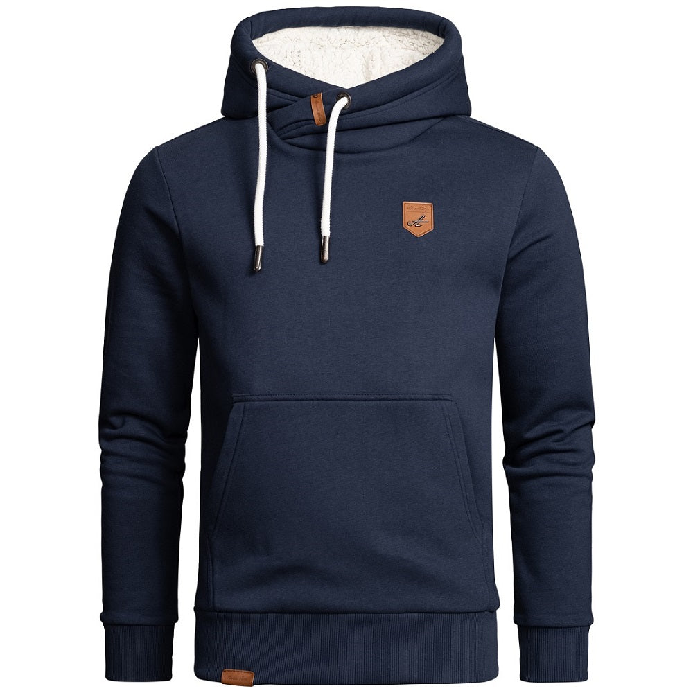 Amaci & Sons marinblå hoodie herr med fodrad luva