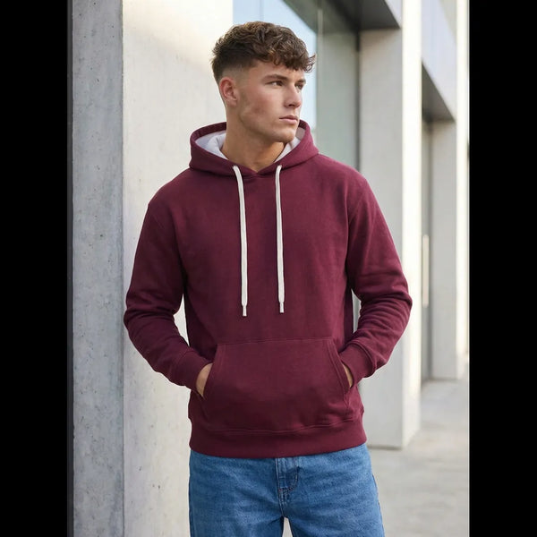 Tunn hoodie herr vinröd med luva och ficka