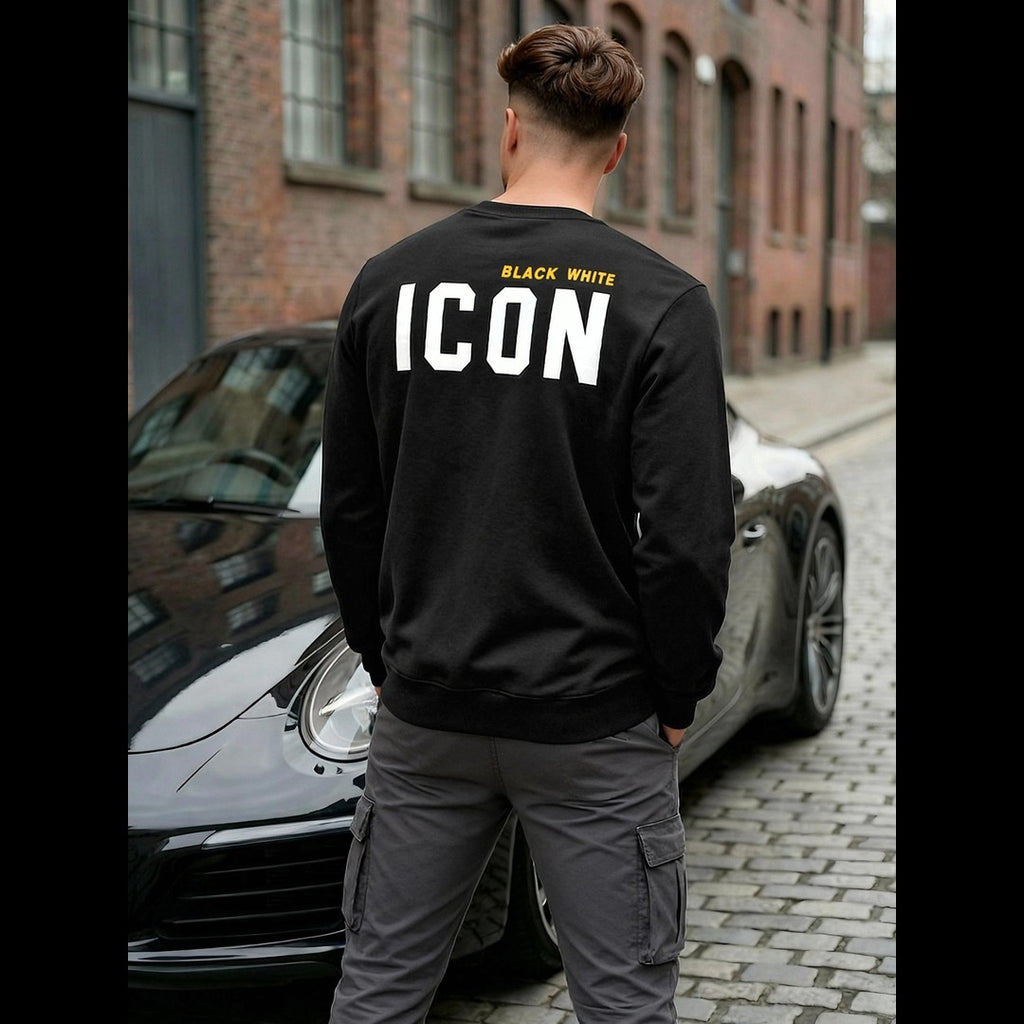 Svart sweatshirt för herr med ICON-tryck i streetwear-stil - bakifrån