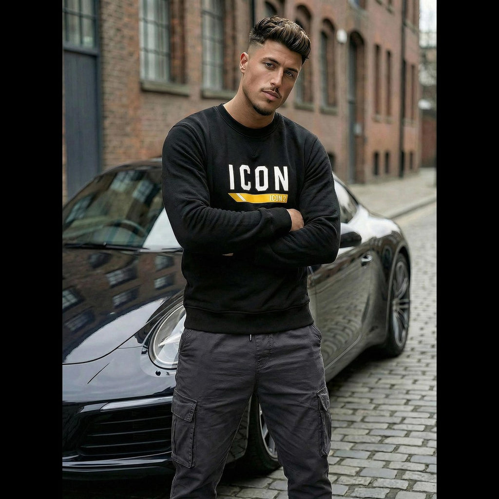 Svart sweatshirt för herr med ICON-tryck i streetwear-stil - framifrån