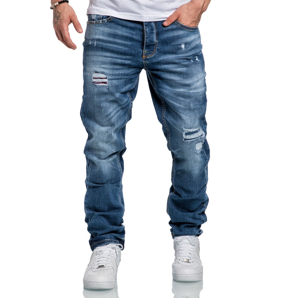 Jeans Herr - Herrjeans med stretch regular fit ljusblå med slitningar