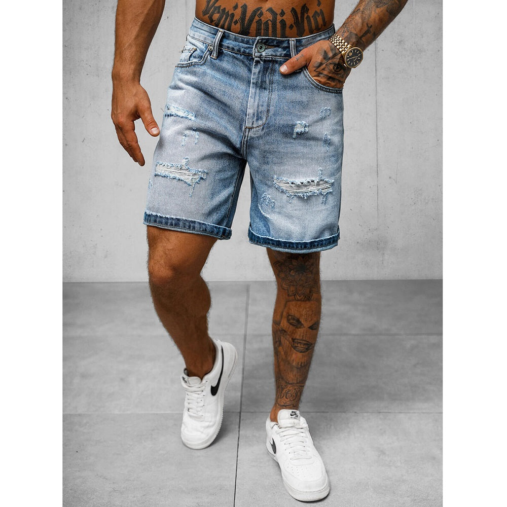 Trendslitna jeansshorts - Herrshorts Blå framifrån