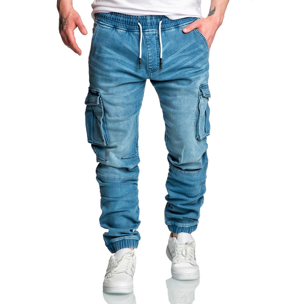 Cargo byxor herr - jeans joggers ljusblåa med stretch framifrån