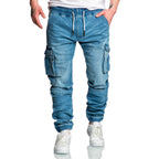 Cargo byxor herr - jeans joggers ljusblåa med stretch framifrån