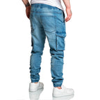 Cargo byxor herr - jeans joggers ljusblåa med stretch bakifrån