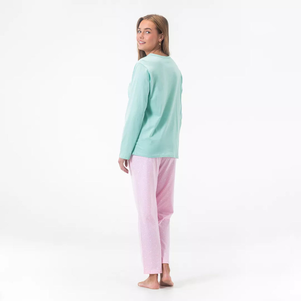 Pyjamas dam 100% bomull från Gaubert® med mintgrön långärmad tröja och rosa pyjamasbyxor bakifrån