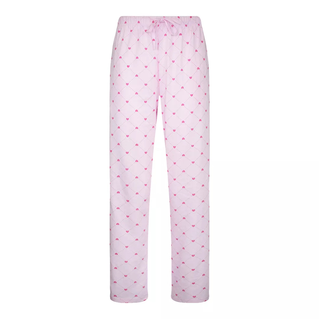 Kortärmad pyjamas dam i 100% bomull från Gaubert med rosa hjärtmönster och långa pyjamasbyxor - byxor framifrån