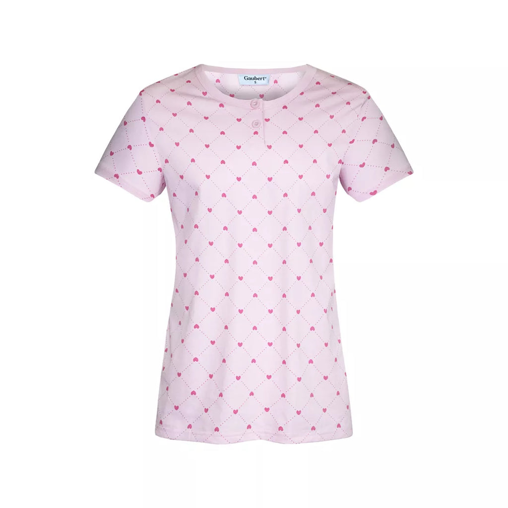 Kortärmad pyjamas dam i 100% bomull från Gaubert med rosa hjärtmönster och långa pyjamasbyxor - tröja framifrån