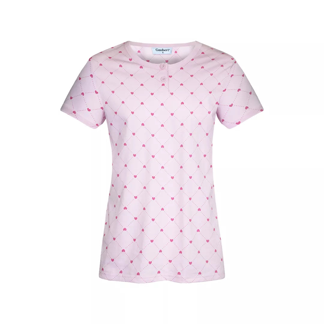 Kortärmad pyjamas dam i 100% bomull från Gaubert med rosa hjärtmönster och långa pyjamasbyxor - tröja framifrån