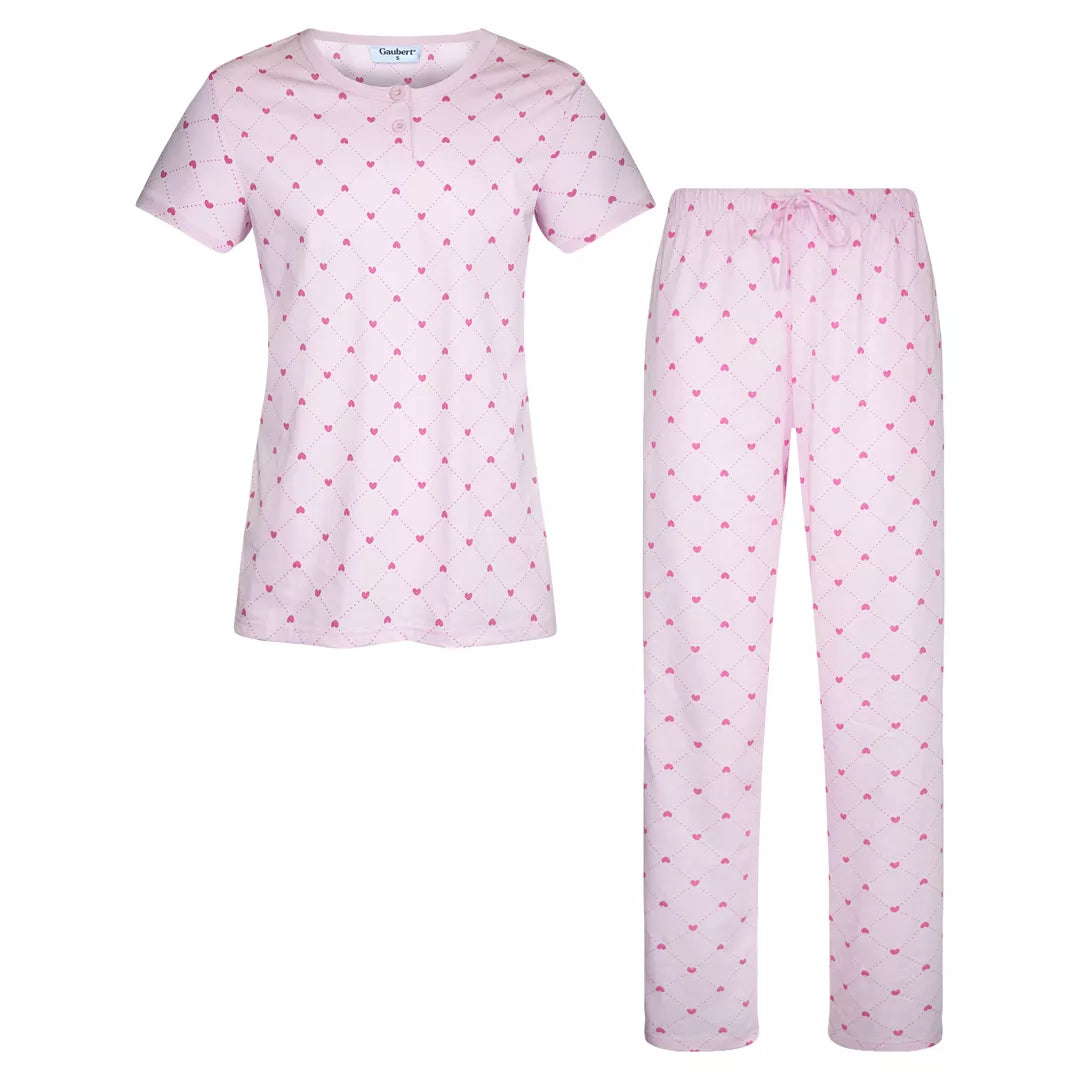 Kortärmad pyjamas dam i 100% bomull från Gaubert med rosa hjärtmönster och långa pyjamasbyxor