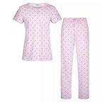 Kortärmad pyjamas dam i 100% bomull från Gaubert med rosa hjärtmönster och långa pyjamasbyxor