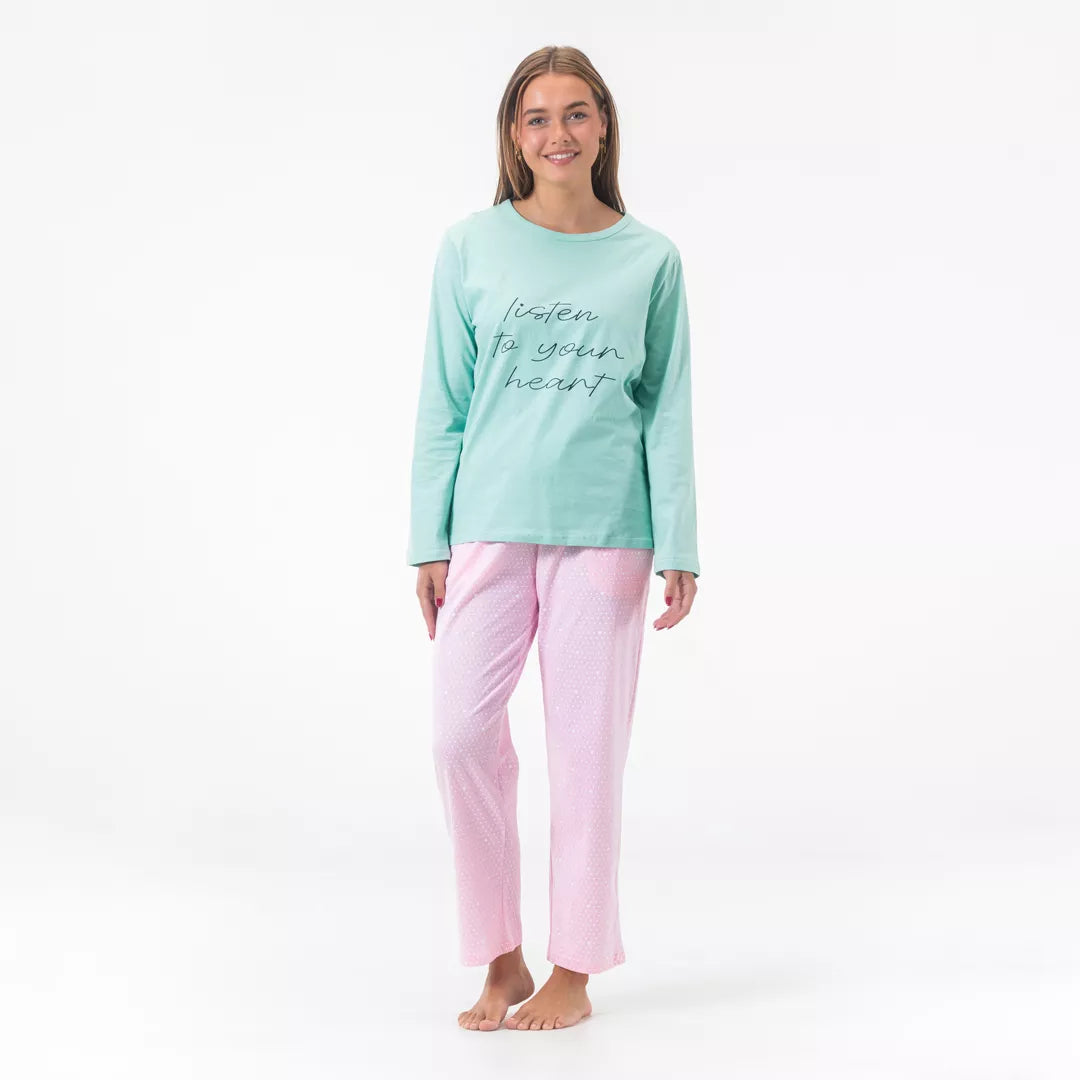 Långärmad pyjamas dam i 100% bomull från Gaubert® med rosa byxor och mintgrön tröja