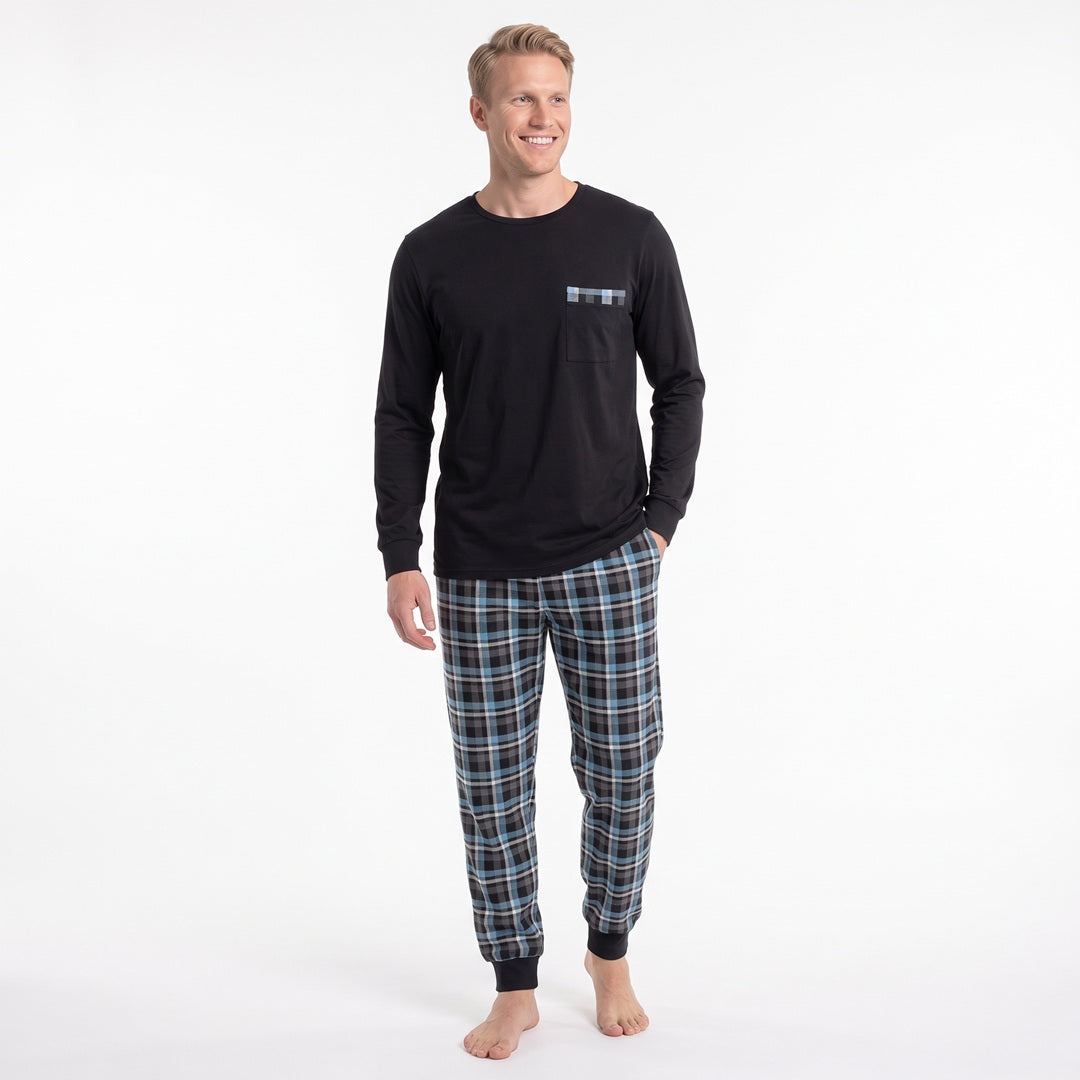 Svart pyjamas herr i 100% bomull med bröstficka och rutiga byxor från Gaubert