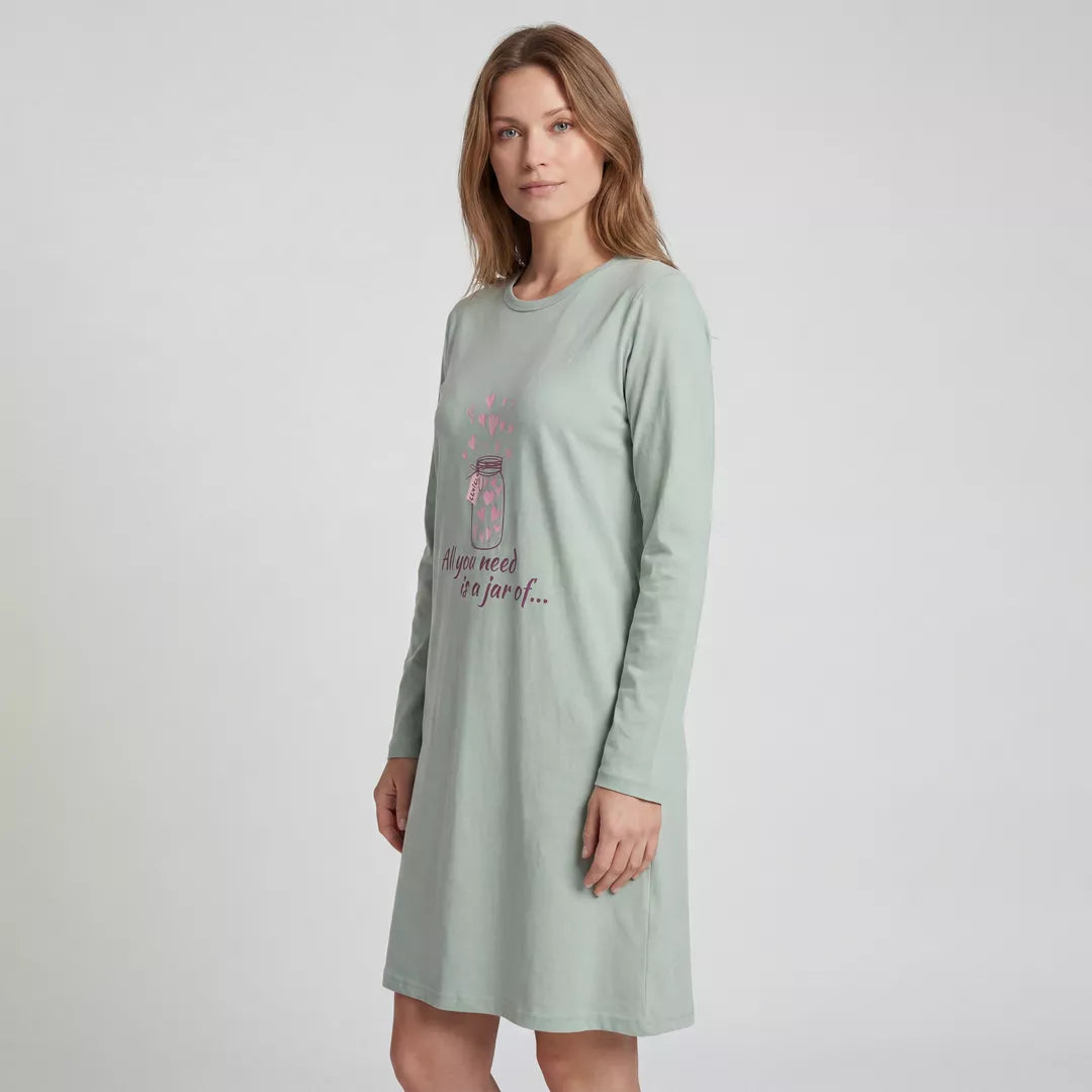 Mintgrönt nattlinne för dam med lång ärm och bekväm Comfort Fit