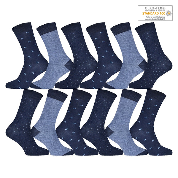 Storpack strumpor - 12 par blåa finstrumpor med mönster