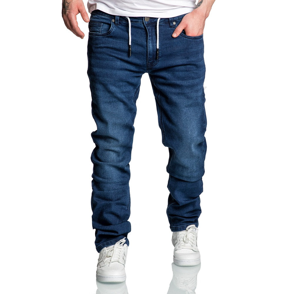 Mörkblåa stretch jeans herr - Herrjeans joggers framifrån