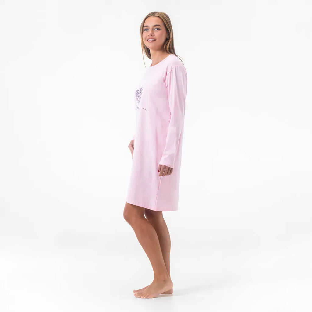 Långärmat nattlinne dam i rosa bomull med ledig Comfort Fit