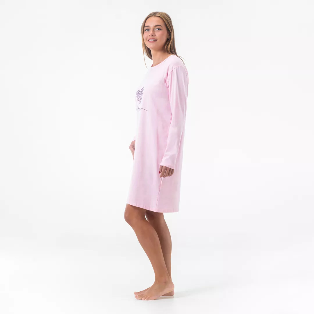Långärmat nattlinne dam i rosa bomull med ledig Comfort Fit