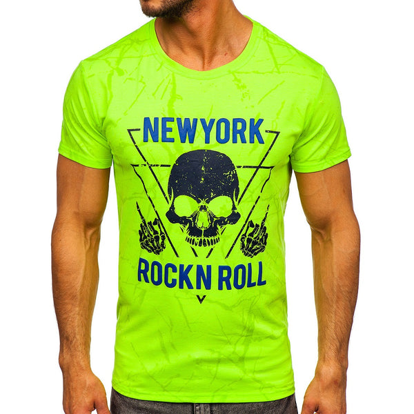 Neongrön t-shirt med spräckligt mönster Rock N Roll framifrån