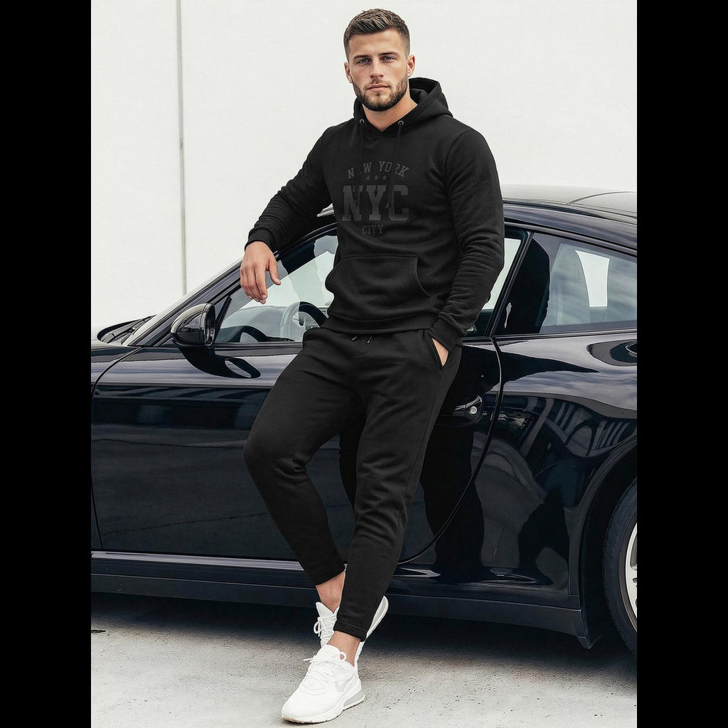 Svart hoodie för herr med ton-i-ton New York NYC-tryck stående