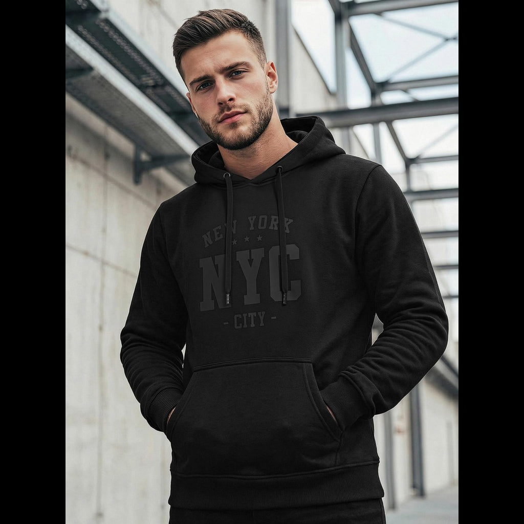 Svart hoodie för herr med ton-i-ton New York NYC-tryck