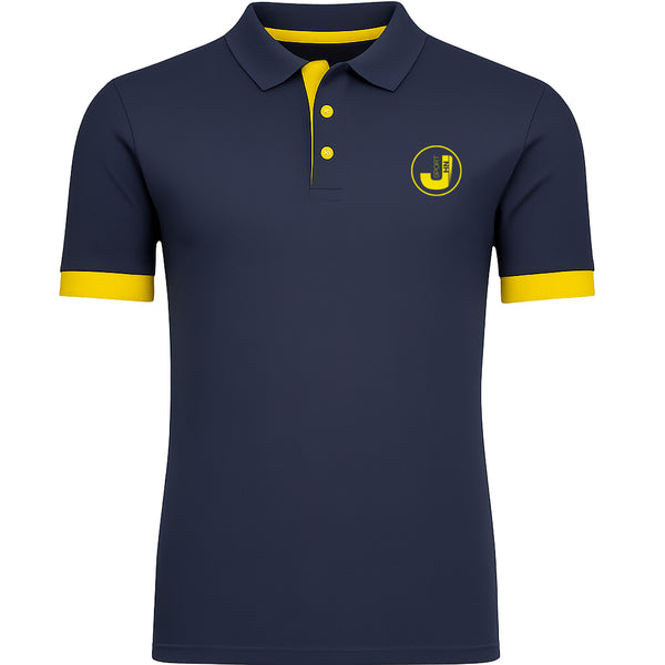 Mörkblå piketröja med gula detaljer