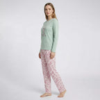 Långärmad pyjamas dam i 100% bomull med bekväm passform och långbyxor från sidan
