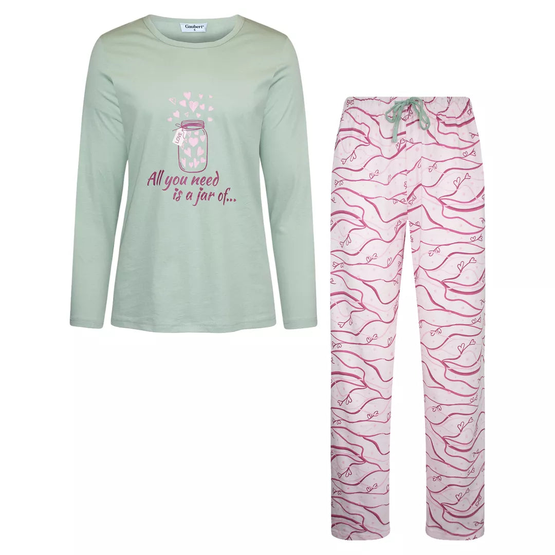 Pyjamas dam 100% bomull från Gaubert sedd framifrån med långärmad tröja och långbyxor - komplett set