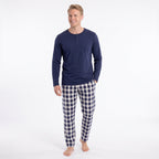 Pyjamas herr i 100% bomull med marinblå långärmad tröja och rutiga byxor från Gaubert