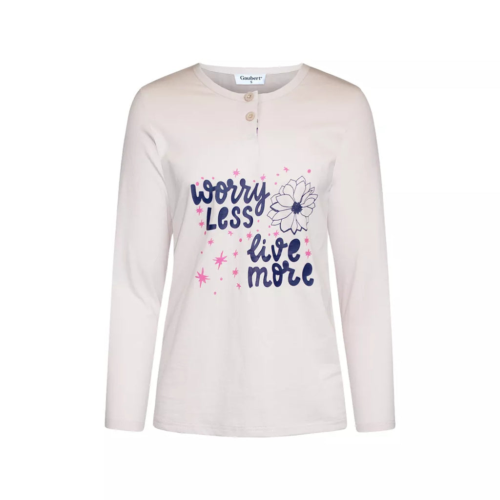 Långärmad pyjamaströja för dam i 100% bomull med motivet Worry Less Live More