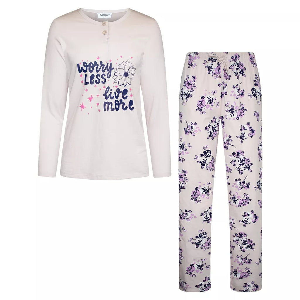 Pyjamas dam 100% bomull från Gaubert med långärmad tröja och blommiga långbyxor