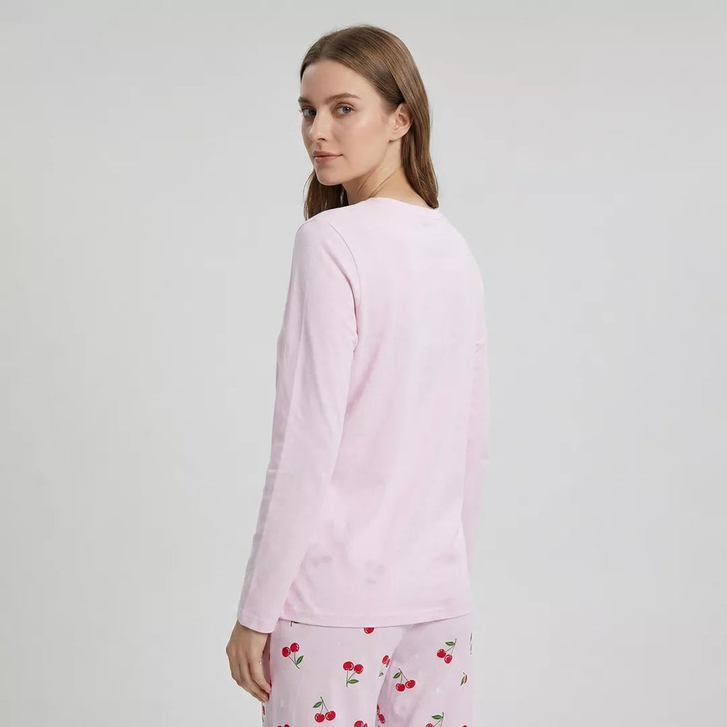 Pyjamas dam 100% bomull sedd bakifrån med långärmad ljusrosa tröja från Gaubert