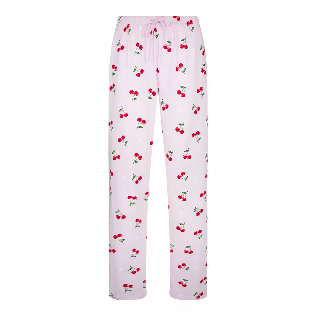 Ljusrosa pyjamasbyxor i 100% bomull med körsbärsmönster och dragsko i midjan