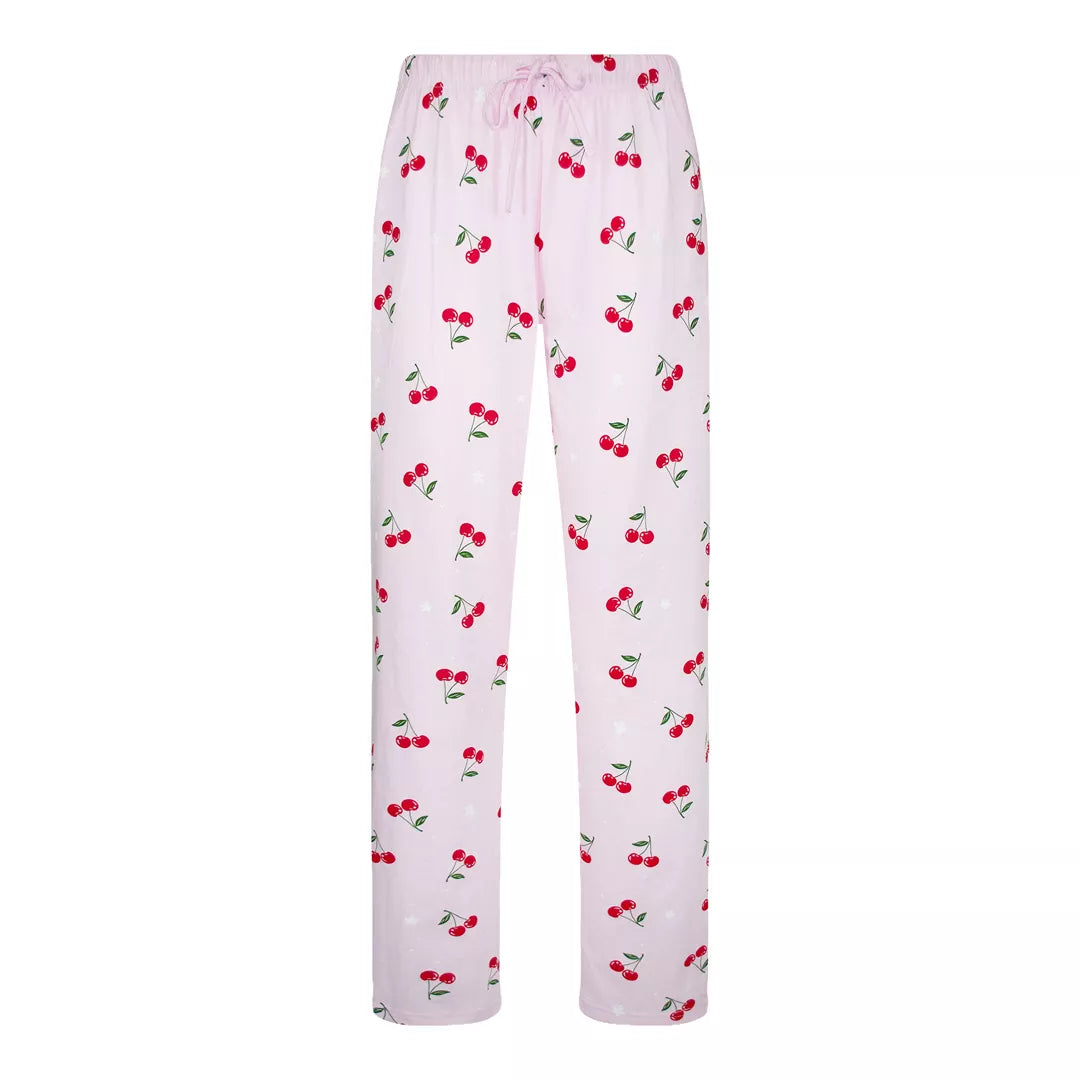 Ljusrosa pyjamasbyxor i 100% bomull med körsbärsmönster och dragsko i midjan