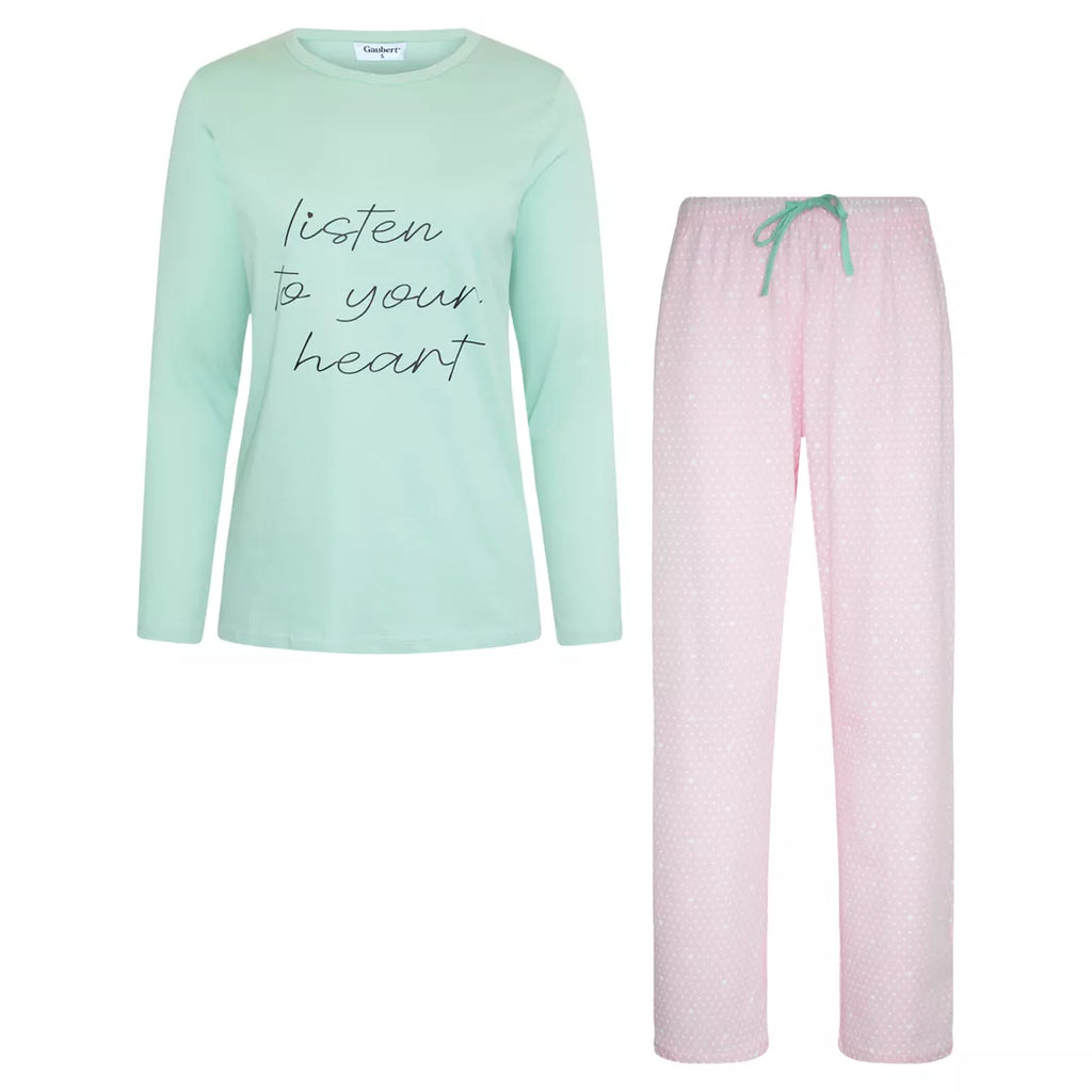 Gaubert® pyjamas dam 100% bomull med långärmad tröja och långbyxor i mintgrönt och rosa