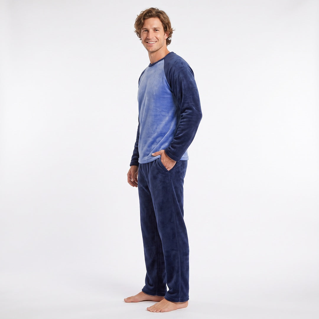 Varm pyjamas herr i coral fleece – marinblått Gaubert pyjamasset