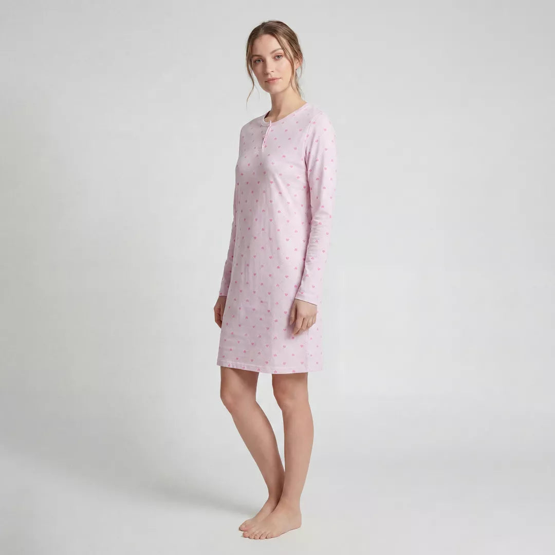 Rosa nattlinne dam i mjuk bomull med lång ärm och Comfort Fit