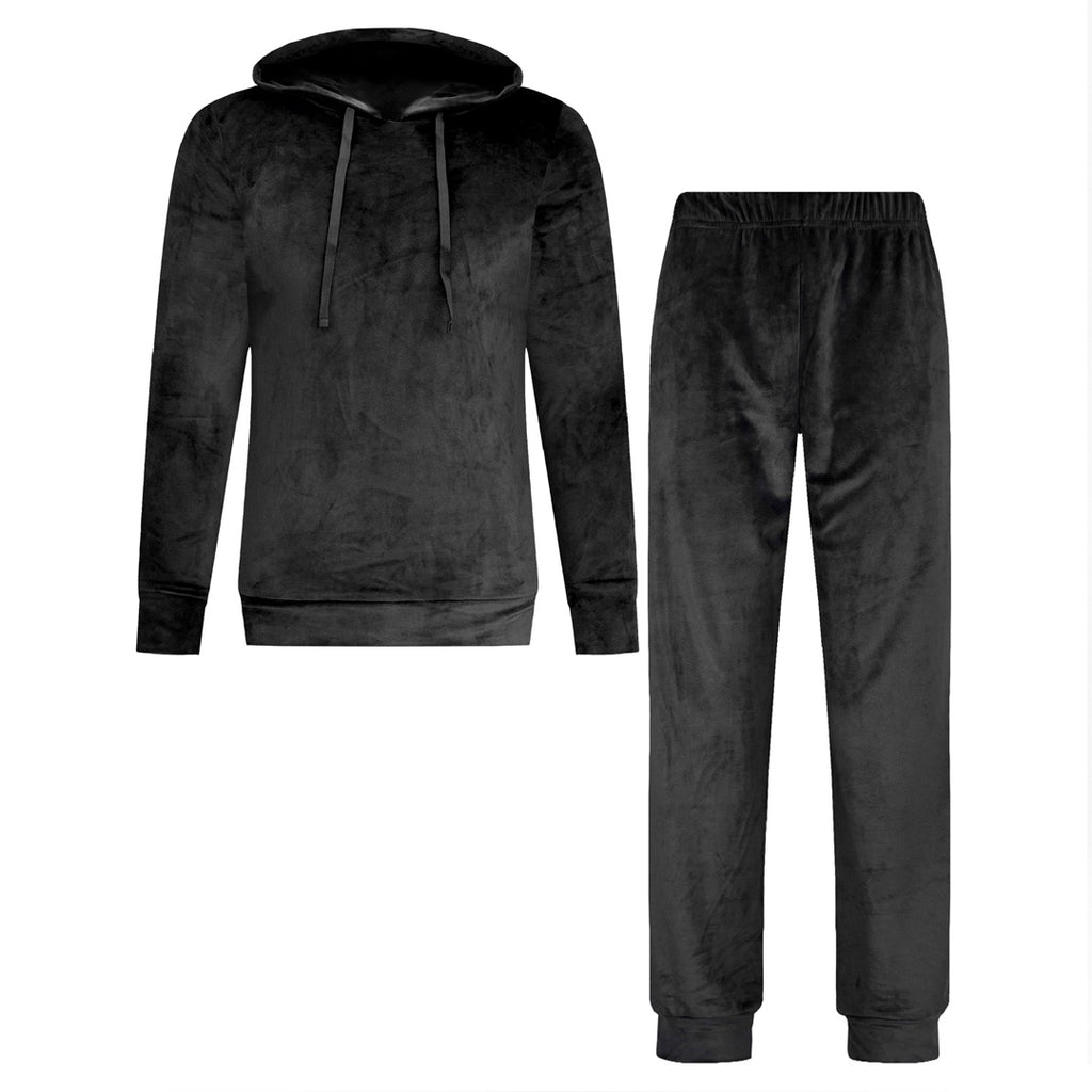 Svart velourset dam 2-delat med huvtröja och byxor