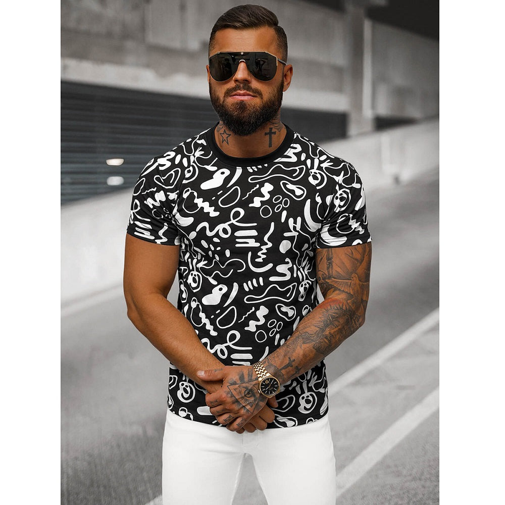 Mönstrad T-shirt - Svart och Vit Herr framifrån